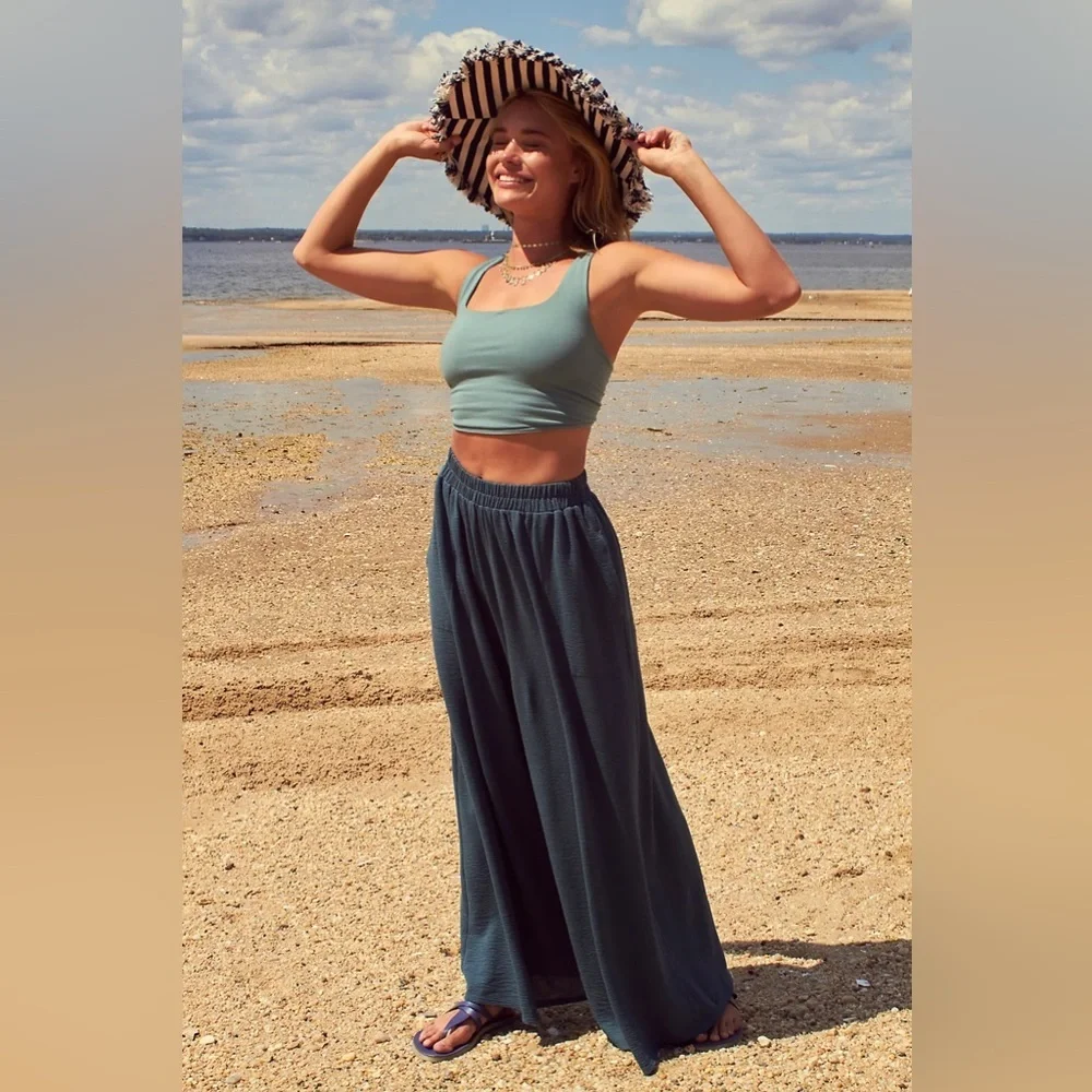 Free People Beach Talk to me Co-ord Green Wide Leg Gauze Pants Elastic Waist